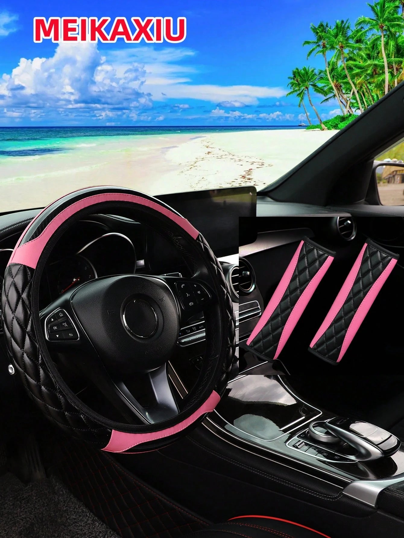 MEIKAXIU 3pcs Soft Leather Embroidery Crystal Carbon Fiber Steering Wheel Cover & Shoulder Pads Set, Car Interior Accessories, Suitable For All Seasons, Black/Red/Beige/White