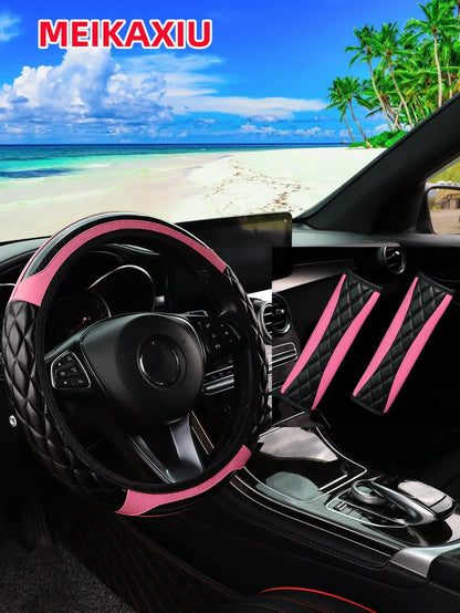 MEIKAXIU 3pcs Soft Leather Embroidery Crystal Carbon Fiber Steering Wheel Cover & Shoulder Pads Set, Car Interior Accessories, Suitable For All Seasons, Black/Red/Beige/White