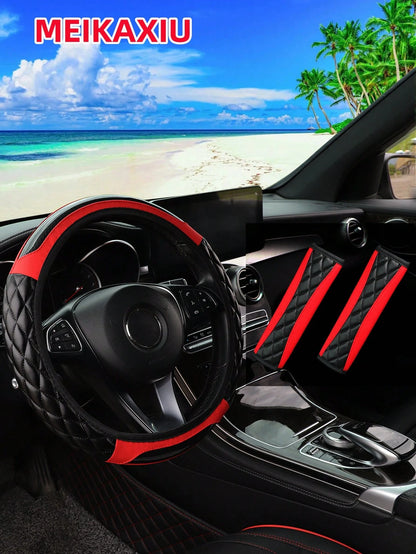 MEIKAXIU 3pcs Soft Leather Embroidery Crystal Carbon Fiber Steering Wheel Cover & Shoulder Pads Set, Car Interior Accessories, Suitable For All Seasons, Black/Red/Beige/White
