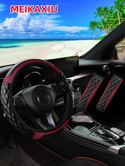 MEIKAXIU 3pcs Soft Leather Embroidery Crystal Carbon Fiber Steering Wheel Cover & Shoulder Pads Set, Car Interior Accessories, Suitable For All Seasons, Black/Red/Beige/White
