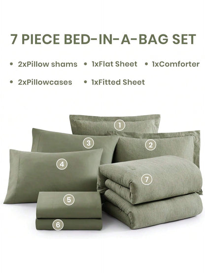 Melex Reversible Comforter Set, Bedding Sets 7 Pieces, Cationic Dyeing Bed In A Bag With Comforter, Sheets, Pillowcases & Shams