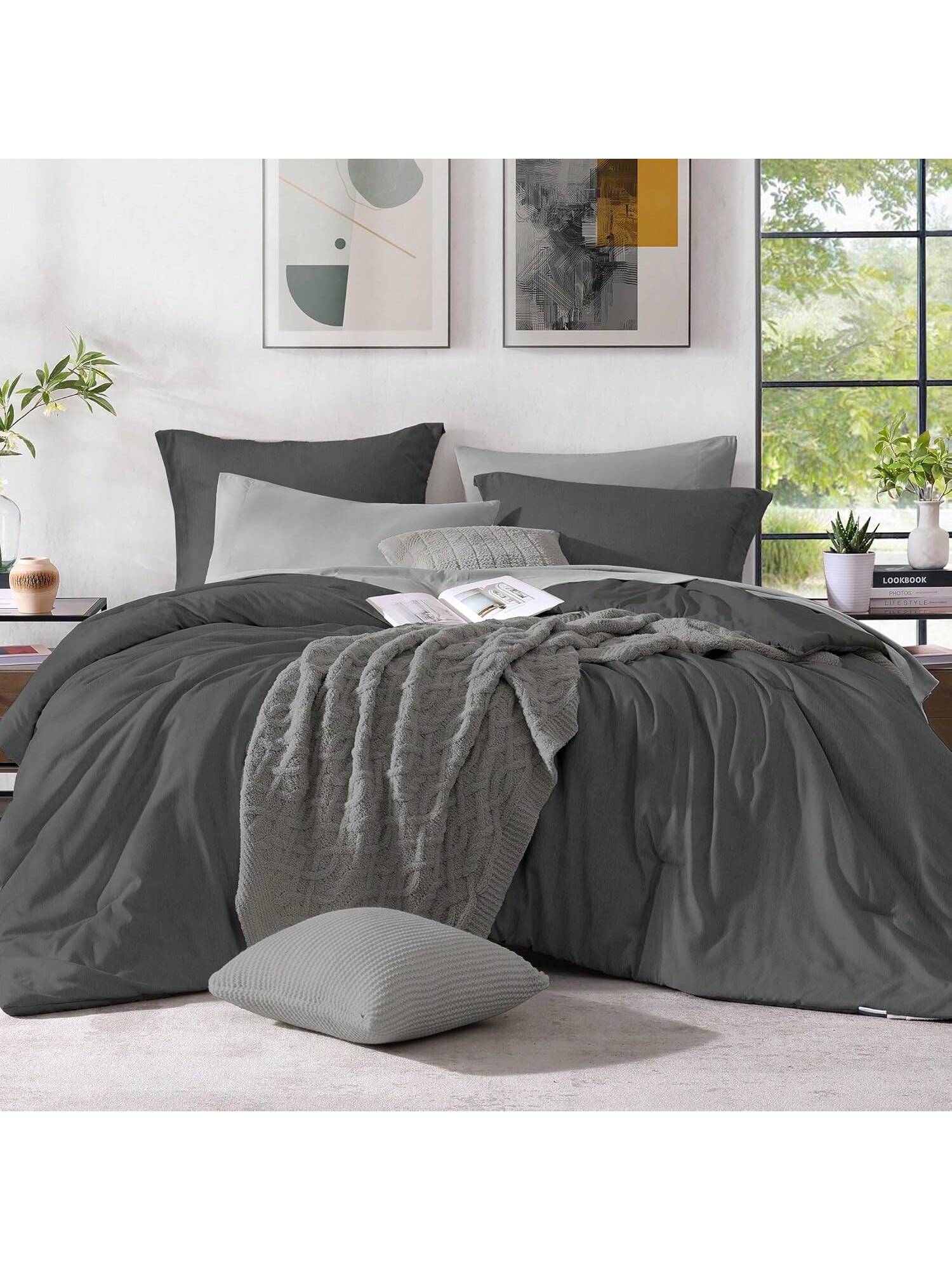 Melex Reversible Comforter Set, Bedding Sets 7 Pieces, Cationic Dyeing Bed In A Bag With Comforter, Sheets, Pillowcases & Shams