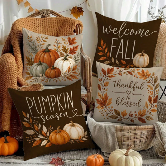 MEMNUN 4pcs Autumn Deep Brown & Light Beige Watercolor Multi-Color Pumpkin Print Pillow Covers [No Insert], 40*40cm/45*45cm/50*50cm, [Single-Sided Print] Polyester Material Welcome Fall Thankful Bless