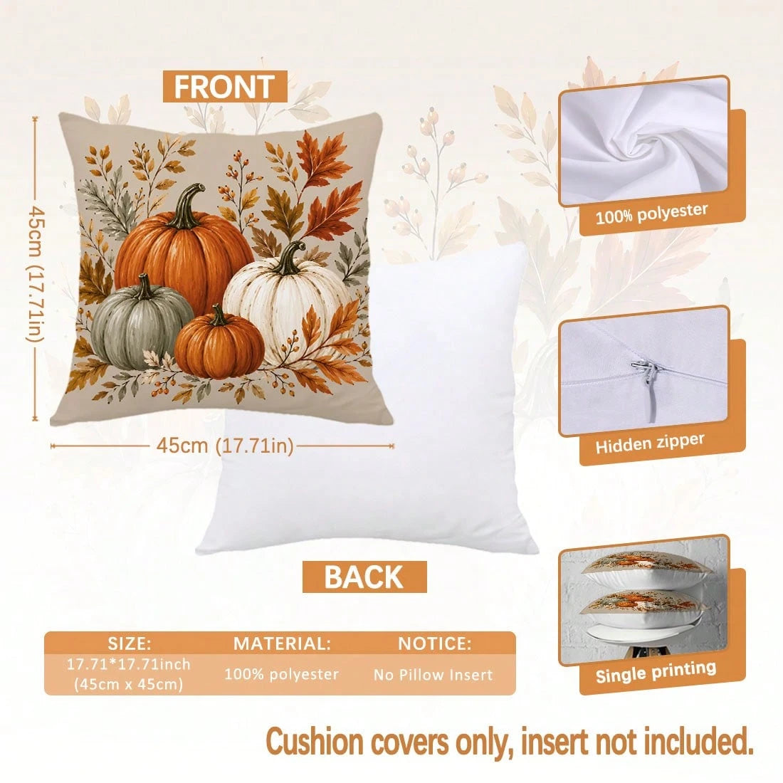 MEMNUN 4pcs Autumn Deep Brown & Light Beige Watercolor Multi-Color Pumpkin Print Pillow Covers [No Insert], 40*40cm/45*45cm/50*50cm, [Single-Sided Print] Polyester Material Welcome Fall Thankful Bless