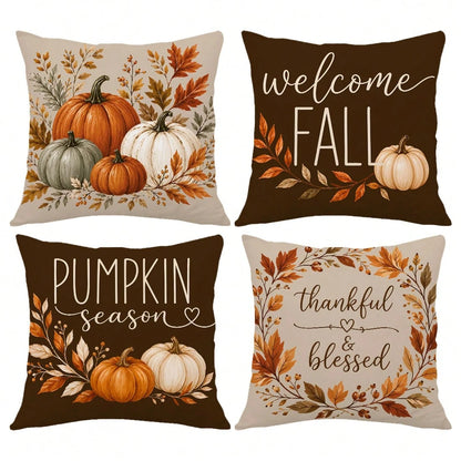 MEMNUN 4pcs Autumn Deep Brown & Light Beige Watercolor Multi-Color Pumpkin Print Pillow Covers [No Insert], 40*40cm/45*45cm/50*50cm, [Single-Sided Print] Polyester Material Welcome Fall Thankful Bless
