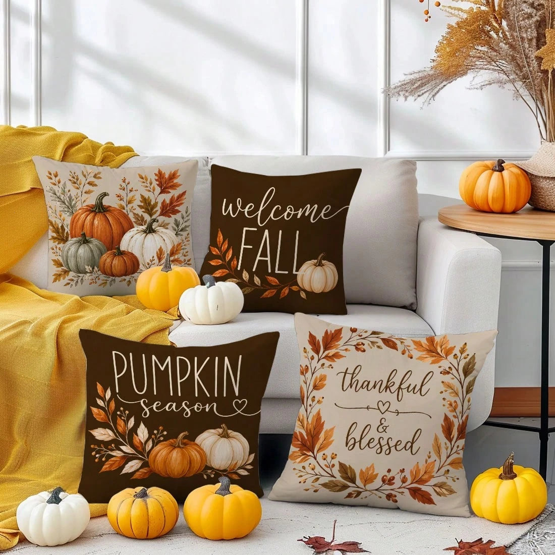 MEMNUN 4pcs Autumn Deep Brown & Light Beige Watercolor Multi-Color Pumpkin Print Pillow Covers [No Insert], 40*40cm/45*45cm/50*50cm, [Single-Sided Print] Polyester Material Welcome Fall Thankful Bless