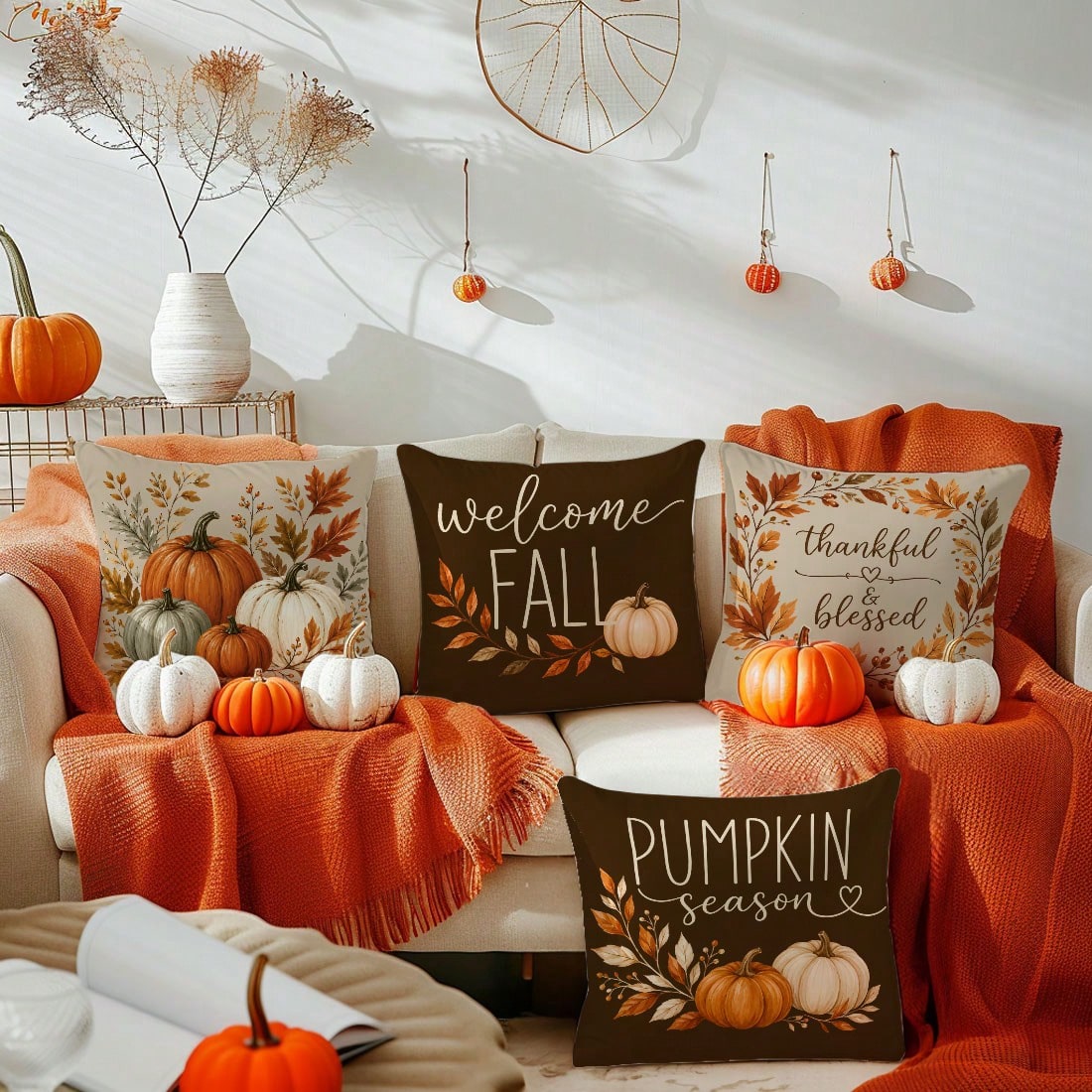 MEMNUN 4pcs Autumn Deep Brown & Light Beige Watercolor Multi-Color Pumpkin Print Pillow Covers [No Insert], 40*40cm/45*45cm/50*50cm, [Single-Sided Print] Polyester Material Welcome Fall Thankful Bless