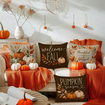 MEMNUN 4pcs Autumn Deep Brown & Light Beige Watercolor Multi-Color Pumpkin Print Pillow Covers [No Insert], 40*40cm/45*45cm/50*50cm, [Single-Sided Print] Polyester Material Welcome Fall Thankful Bless