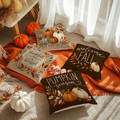 MEMNUN 4pcs Autumn Deep Brown & Light Beige Watercolor Multi-Color Pumpkin Print Pillow Covers [No Insert], 40*40cm/45*45cm/50*50cm, [Single-Sided Print] Polyester Material Welcome Fall Thankful Bless