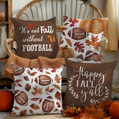 MEMNUN 4pcs Watercolor Dark Brown Football, Pumpkin And Leaf Text Print Pattern Polyester Pillow Covers Fall Autumn [Pillow Insert Not Included], 40*40cm/45*45cm/50*50cm, [Single-Sided Printing] Autum