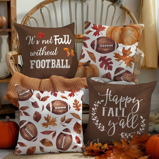MEMNUN 4pcs Watercolor Dark Brown Football, Pumpkin And Leaf Text Print Pattern Polyester Pillow Covers Fall Autumn [Pillow Insert Not Included], 40*40cm/45*45cm/50*50cm, [Single-Sided Printing] Autum