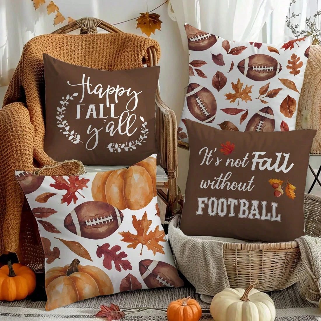MEMNUN 4pcs Watercolor Dark Brown Football, Pumpkin And Leaf Text Print Pattern Polyester Pillow Covers Fall Autumn [Pillow Insert Not Included], 40*40cm/45*45cm/50*50cm, [Single-Sided Printing] Autum