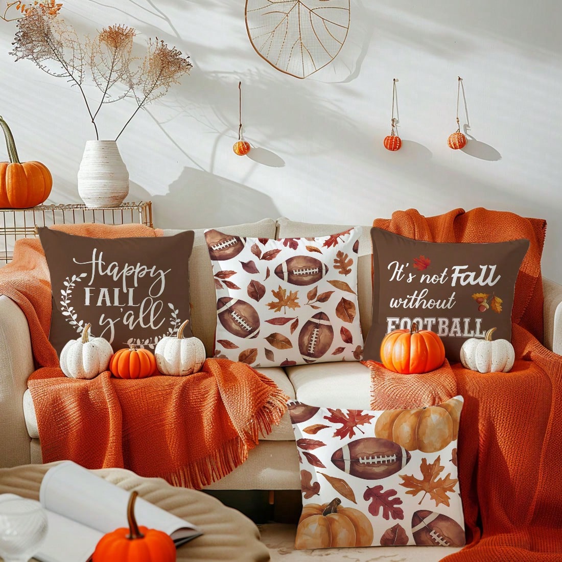MEMNUN 4pcs Watercolor Dark Brown Football, Pumpkin And Leaf Text Print Pattern Polyester Pillow Covers Fall Autumn [Pillow Insert Not Included], 40*40cm/45*45cm/50*50cm, [Single-Sided Printing] Autum