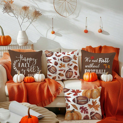 MEMNUN 4pcs Watercolor Dark Brown Football, Pumpkin And Leaf Text Print Pattern Polyester Pillow Covers Fall Autumn [Pillow Insert Not Included], 40*40cm/45*45cm/50*50cm, [Single-Sided Printing] Autum