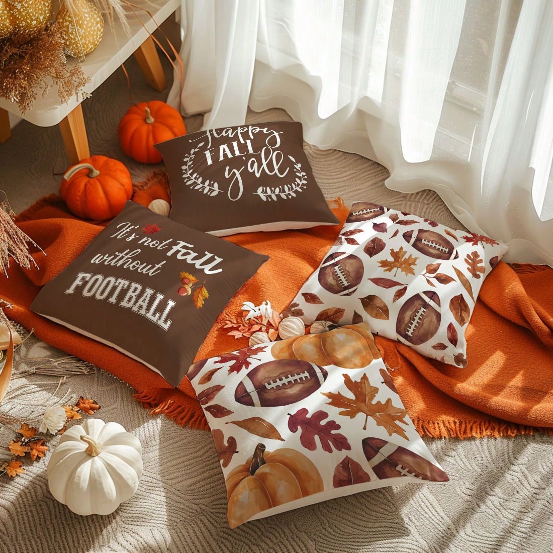 MEMNUN 4pcs Watercolor Dark Brown Football, Pumpkin And Leaf Text Print Pattern Polyester Pillow Covers Fall Autumn [Pillow Insert Not Included], 40*40cm/45*45cm/50*50cm, [Single-Sided Printing] Autum