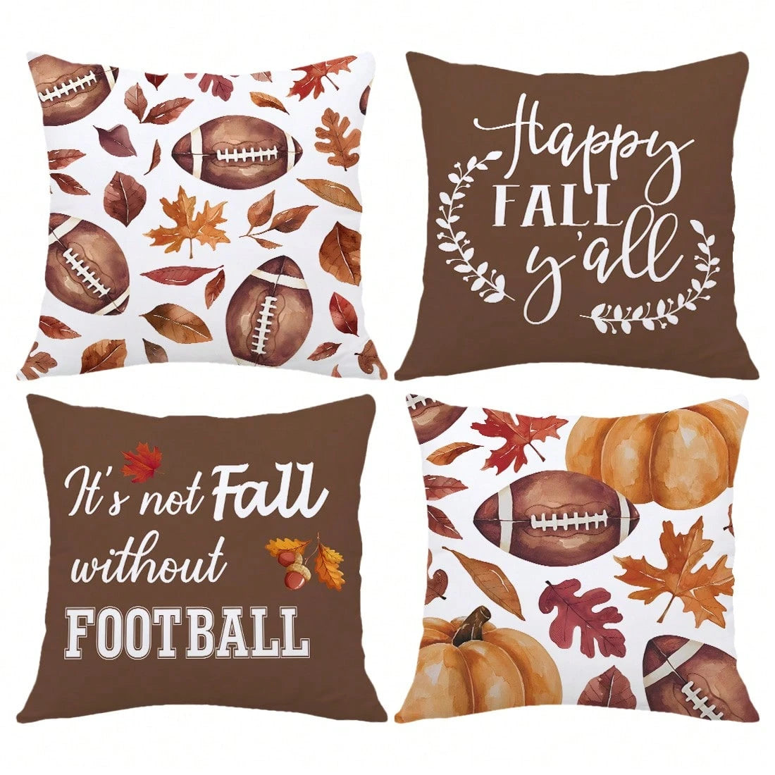 MEMNUN 4pcs Watercolor Dark Brown Football, Pumpkin And Leaf Text Print Pattern Polyester Pillow Covers Fall Autumn [Pillow Insert Not Included], 40*40cm/45*45cm/50*50cm, [Single-Sided Printing] Autum