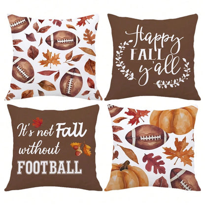 MEMNUN 4pcs Watercolor Dark Brown Football, Pumpkin And Leaf Text Print Pattern Polyester Pillow Covers Fall Autumn [Pillow Insert Not Included], 40*40cm/45*45cm/50*50cm, [Single-Sided Printing] Autum