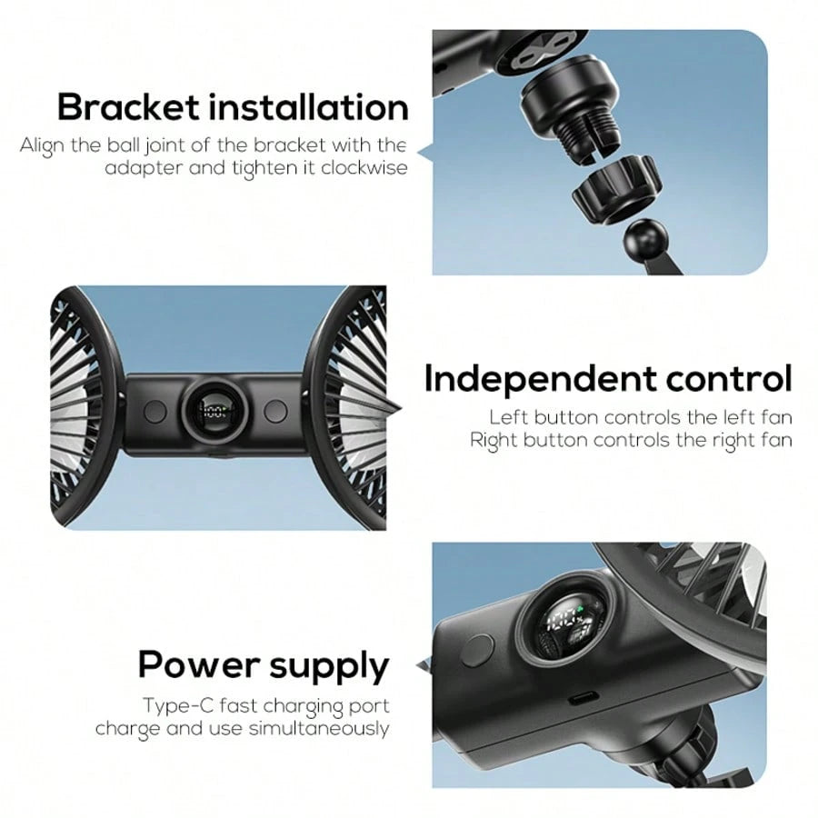 MeMO G14-19 2026 New Model Cooling Fan For Center Console Of Your Car,Three-Speed Adjustment, With A Display On The Vehicle-Mounted Fan, Featuring Two Separate Heads That Can Rotate 360°, Designed For