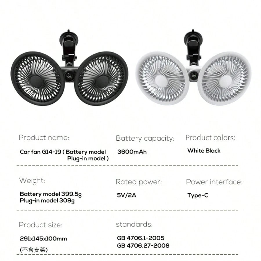 MeMO G14-19 2026 New Model Cooling Fan For Center Console Of Your Car,Three-Speed Adjustment, With A Display On The Vehicle-Mounted Fan, Featuring Two Separate Heads That Can Rotate 360°, Designed For