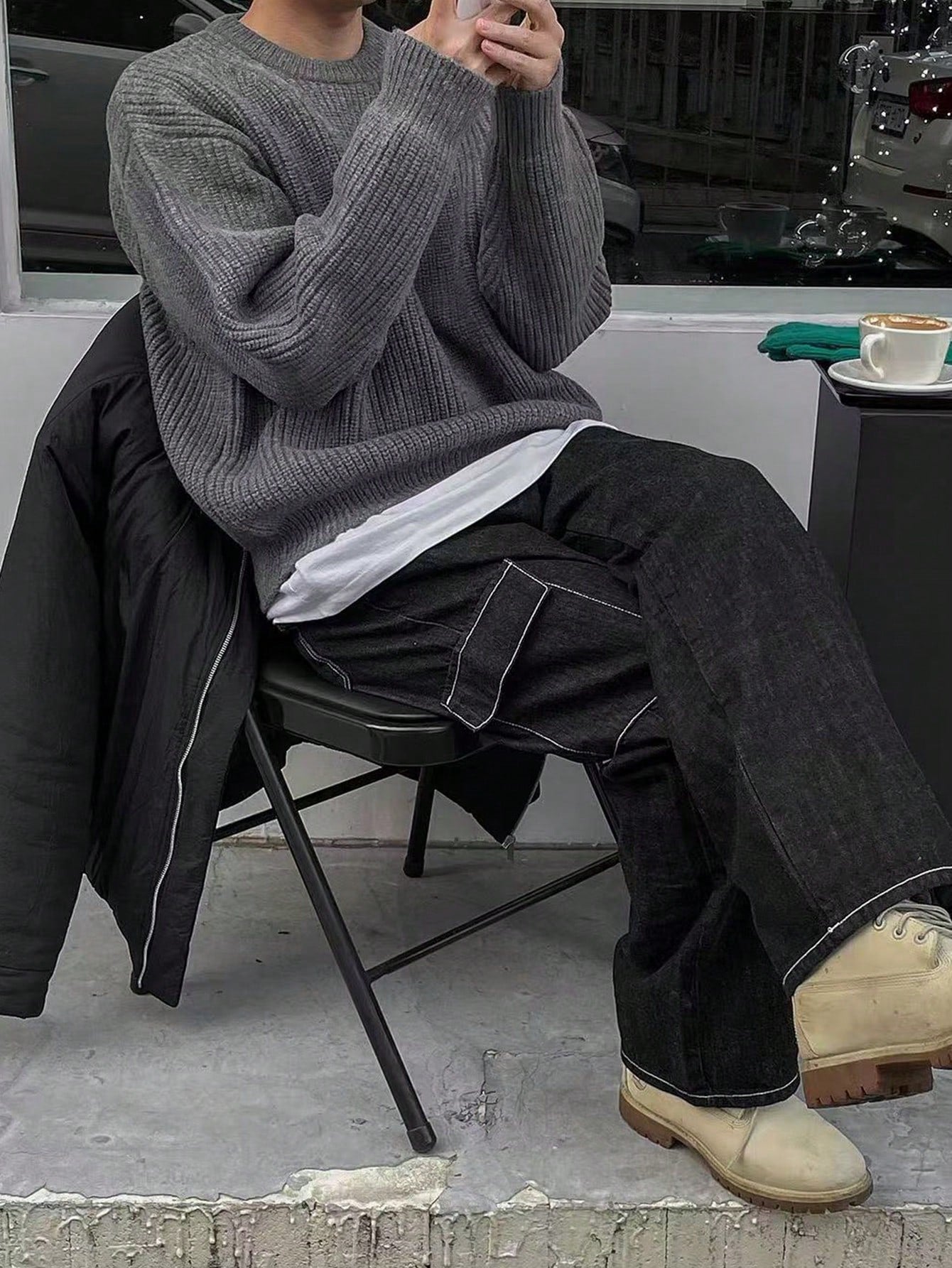 Men's Autumn/Winter Basic Solid Color Casual Fitted Lightweight Sheer Polyester Pique Texture Niche Design Long Sleeve Drop Shoulder Crew Neck Pullover Sweater