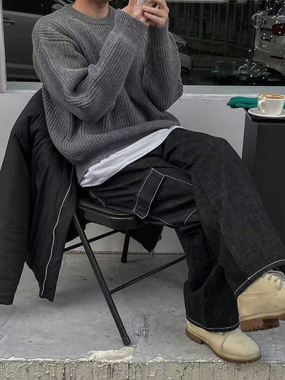 Men's Autumn/Winter Basic Solid Color Casual Fitted Lightweight Sheer Polyester Pique Texture Niche Design Long Sleeve Drop Shoulder Crew Neck Pullover Sweater