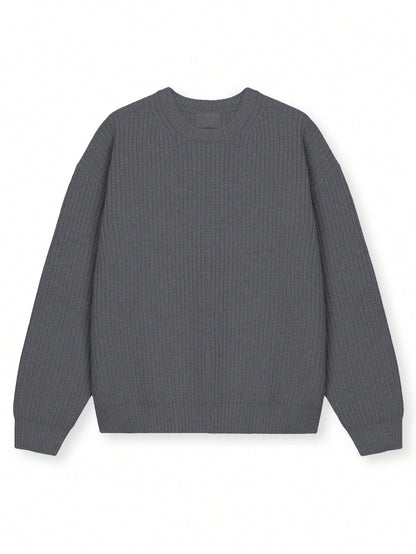 Men's Autumn/Winter Basic Solid Color Casual Fitted Lightweight Sheer Polyester Pique Texture Niche Design Long Sleeve Drop Shoulder Crew Neck Pullover Sweater