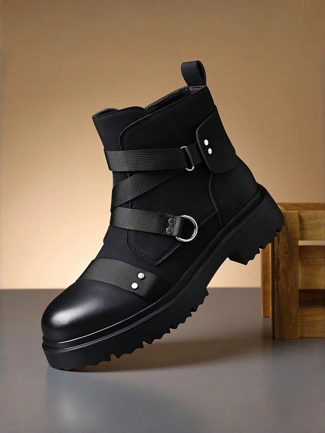 Men's Matte Faux Leather Punk Ankle Boots Combat Style Boots With Webbing Straps And Metal Stud Accents Side Zipper Lug Sole Non-Slip Comfort Footwear
