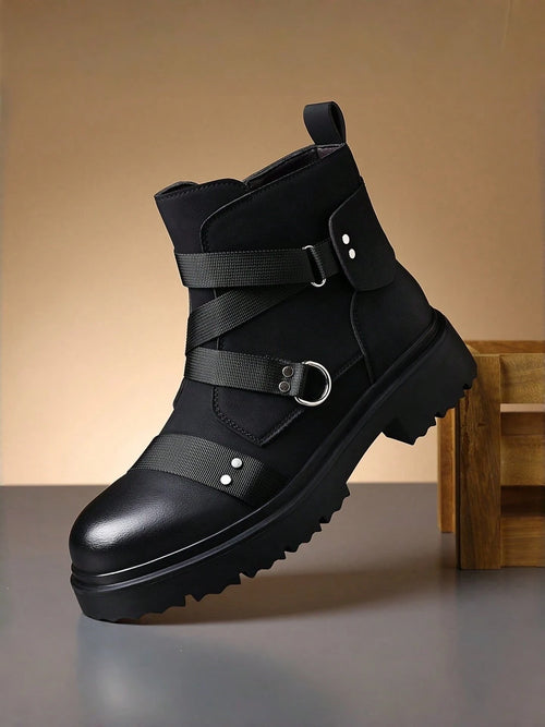 Men's Matte Faux Leather Punk Ankle Boots Combat Style Boots With Webbing Straps And Metal Stud Accents Side Zipper Lug Sole Non-Slip Comfort Footwear