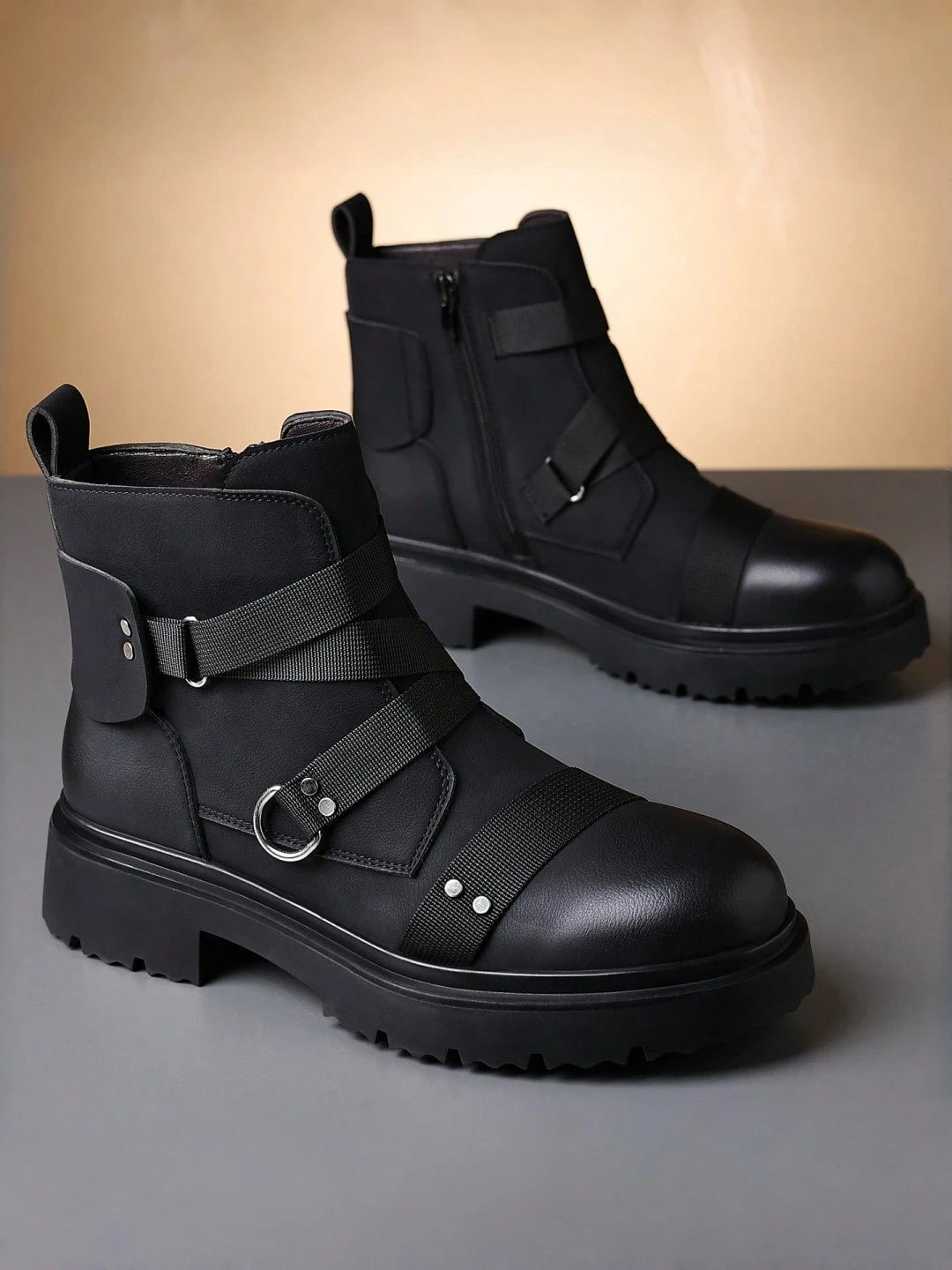 Men's Matte Faux Leather Punk Ankle Boots Combat Style Boots With Webbing Straps And Metal Stud Accents Side Zipper Lug Sole Non-Slip Comfort Footwear
