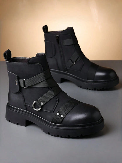 Men's Matte Faux Leather Punk Ankle Boots Combat Style Boots With Webbing Straps And Metal Stud Accents Side Zipper Lug Sole Non-Slip Comfort Footwear