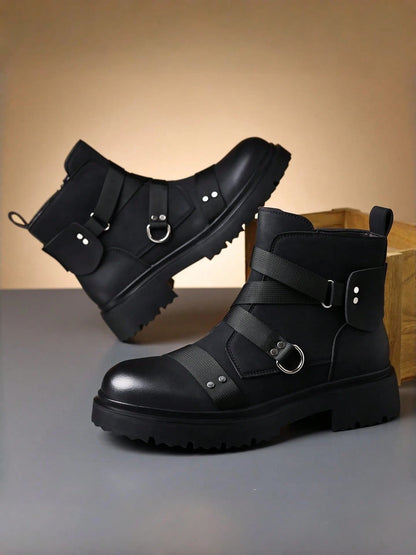 Men's Matte Faux Leather Punk Ankle Boots Combat Style Boots With Webbing Straps And Metal Stud Accents Side Zipper Lug Sole Non-Slip Comfort Footwear