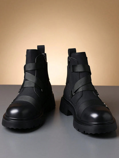 Men's Matte Faux Leather Punk Ankle Boots Combat Style Boots With Webbing Straps And Metal Stud Accents Side Zipper Lug Sole Non-Slip Comfort Footwear