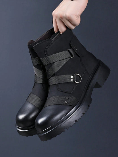Men's Matte Faux Leather Punk Ankle Boots Combat Style Boots With Webbing Straps And Metal Stud Accents Side Zipper Lug Sole Non-Slip Comfort Footwear