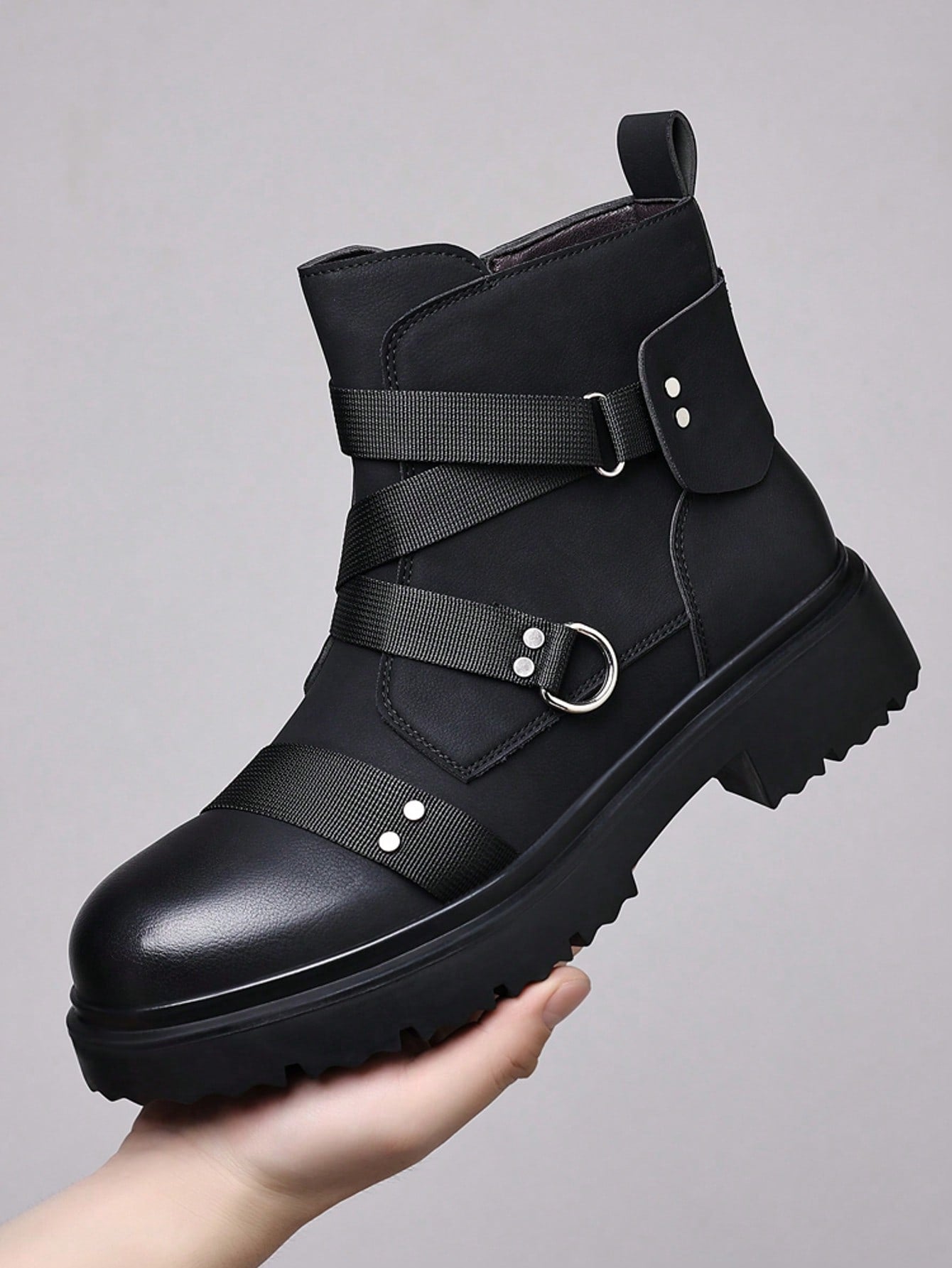 Men's Matte Faux Leather Punk Ankle Boots Combat Style Boots With Webbing Straps And Metal Stud Accents Side Zipper Lug Sole Non-Slip Comfort Footwear