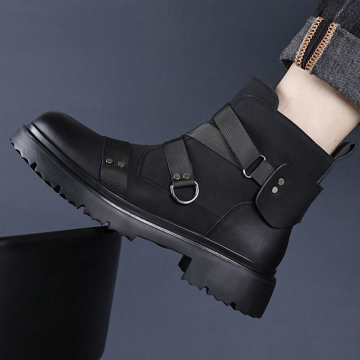 Men's Matte Faux Leather Punk Ankle Boots Combat Style Boots With Webbing Straps And Metal Stud Accents Side Zipper Lug Sole Non-Slip Comfort Footwear