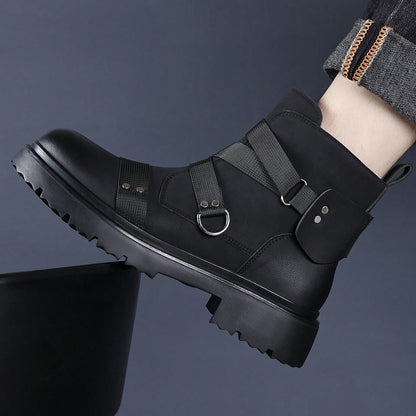 Men's Matte Faux Leather Punk Ankle Boots Combat Style Boots With Webbing Straps And Metal Stud Accents Side Zipper Lug Sole Non-Slip Comfort Footwear