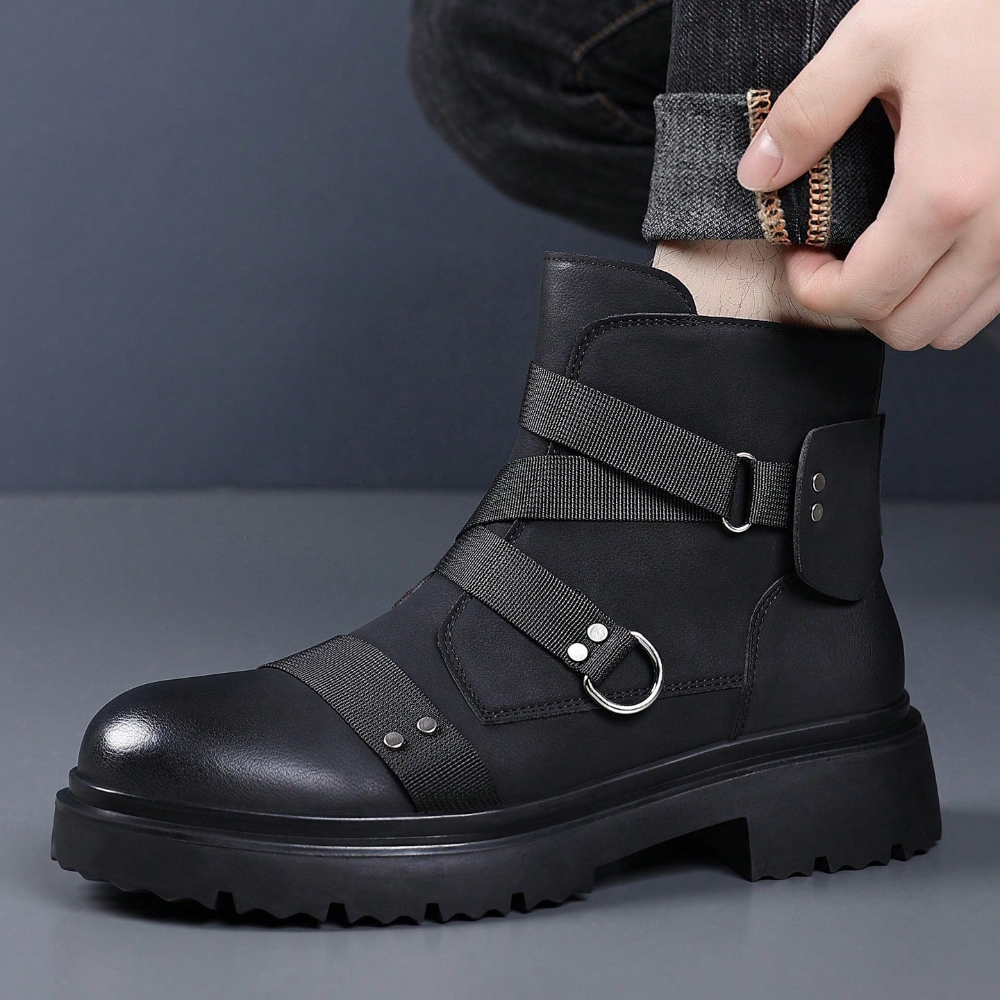 Men's Matte Faux Leather Punk Ankle Boots Combat Style Boots With Webbing Straps And Metal Stud Accents Side Zipper Lug Sole Non-Slip Comfort Footwear