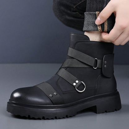 Men's Matte Faux Leather Punk Ankle Boots Combat Style Boots With Webbing Straps And Metal Stud Accents Side Zipper Lug Sole Non-Slip Comfort Footwear
