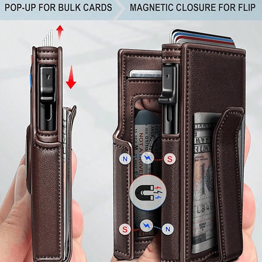 Men's RFID Shielded Wallet, With Pop-Up Card Holder And Wallet, Durable Leather Material, Men's Business Wallet, Magnetic Flip Cover Men's Wallet, Multiple Colors Available, Multiple Card Slots, Ident