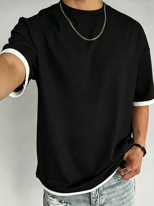 Men's Summer Fashionable Versatile T-Shirt, Contrast Color 2 In 1 Design, Regular Crew Neck, Breathable Knit Fabric, Suitable For Daily Wear