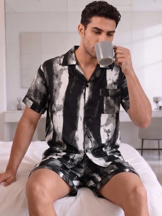 Men's Summer Pajama Set, 2-Piece Short Sleeve Top And Shorts, Comfortable Sleepwear, Fashionable Casual Loungewear With Lapel Collar, Suitable For Outdoor Wear