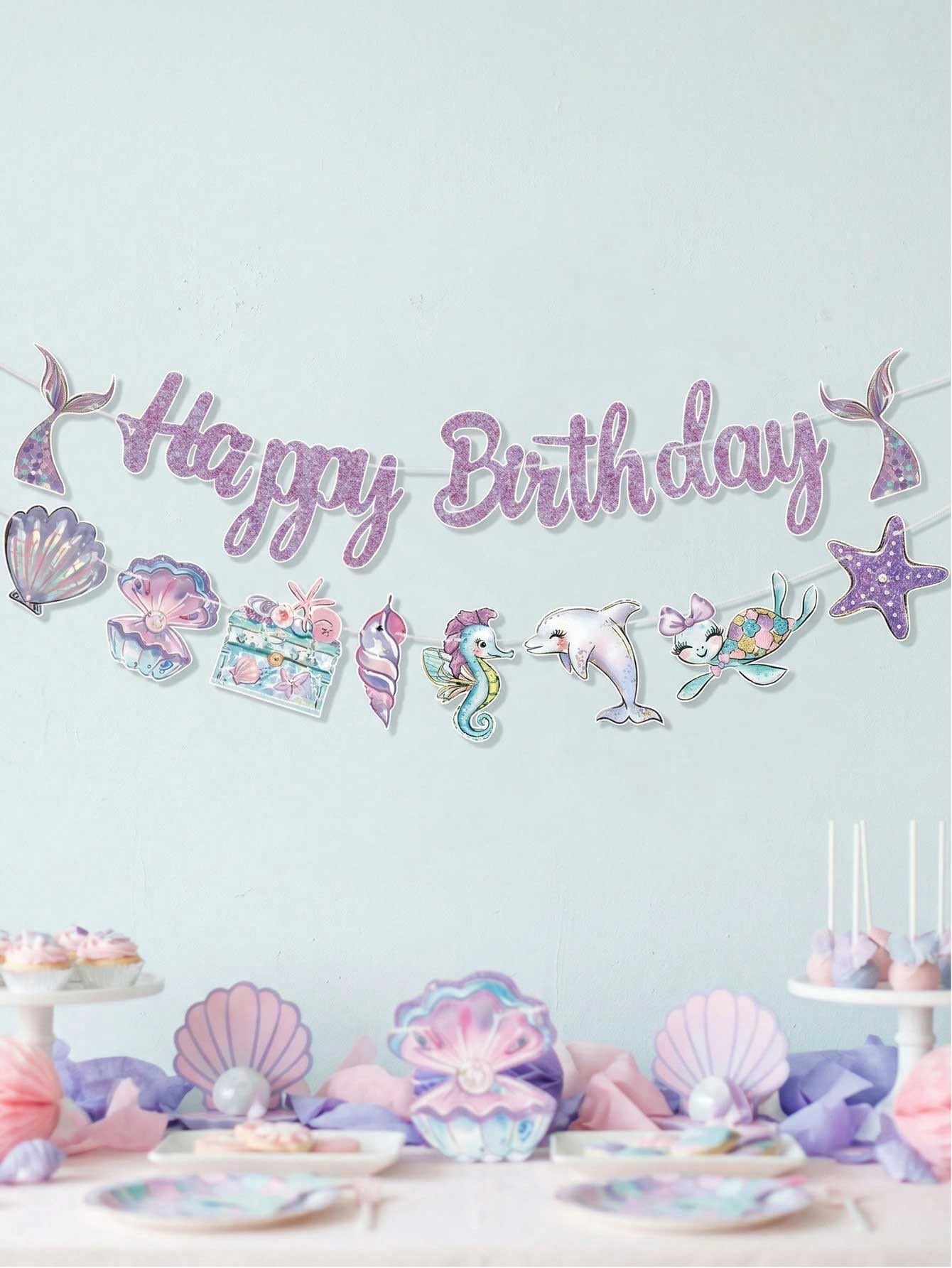 Mermaid Theme Birthday Party Decoration Set, Shiny Purple Happy Birthday Paper Banner With Shell, Seahorse, Tail Decor, Ocean Theme Party Supplies, Girls Room Decor, Photo Backdrop, Baby Shower Party