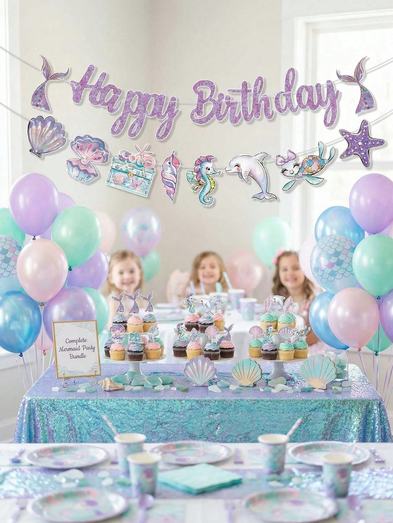 Mermaid Theme Birthday Party Decoration Set, Shiny Purple Happy Birthday Paper Banner With Shell, Seahorse, Tail Decor, Ocean Theme Party Supplies, Girls Room Decor, Photo Backdrop, Baby Shower Party