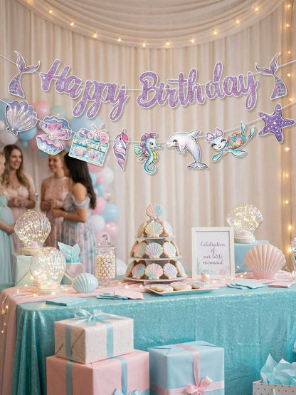 Mermaid Theme Birthday Party Decoration Set, Shiny Purple Happy Birthday Paper Banner With Shell, Seahorse, Tail Decor, Ocean Theme Party Supplies, Girls Room Decor, Photo Backdrop, Baby Shower Party
