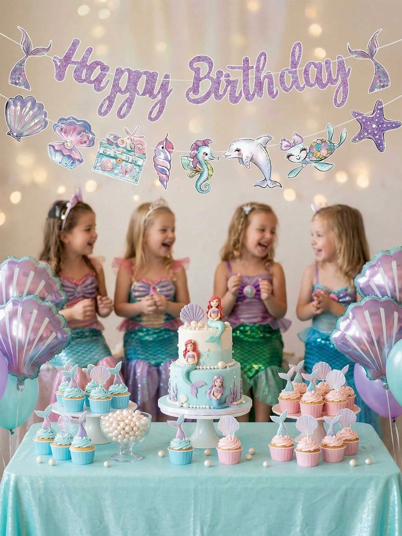 Mermaid Theme Birthday Party Decoration Set, Shiny Purple Happy Birthday Paper Banner With Shell, Seahorse, Tail Decor, Ocean Theme Party Supplies, Girls Room Decor, Photo Backdrop, Baby Shower Party