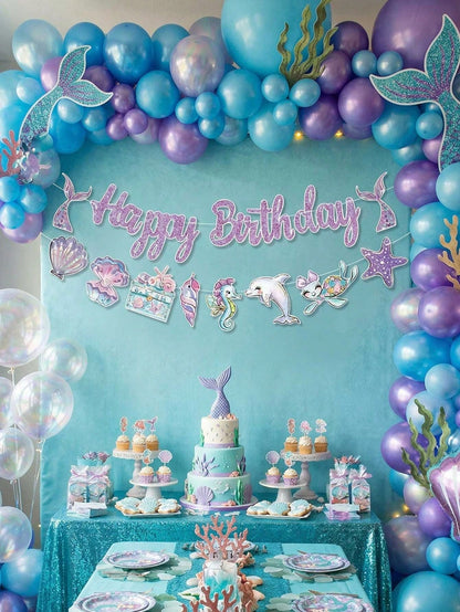 Mermaid Theme Birthday Party Decoration Set, Shiny Purple Happy Birthday Paper Banner With Shell, Seahorse, Tail Decor, Ocean Theme Party Supplies, Girls Room Decor, Photo Backdrop, Baby Shower Party