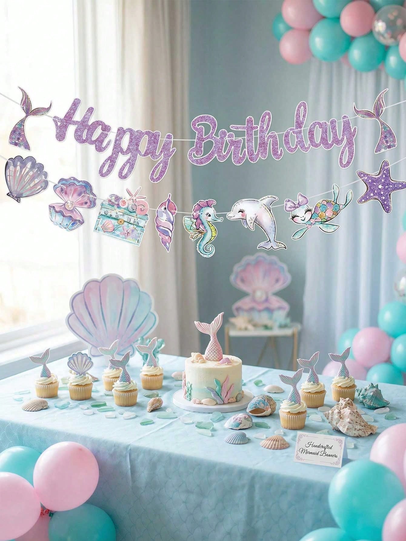 Mermaid Theme Birthday Party Decoration Set, Shiny Purple Happy Birthday Paper Banner With Shell, Seahorse, Tail Decor, Ocean Theme Party Supplies, Girls Room Decor, Photo Backdrop, Baby Shower Party