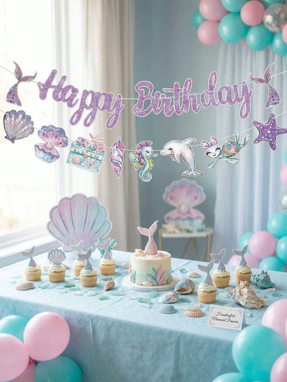 Mermaid Theme Birthday Party Decoration Set, Shiny Purple Happy Birthday Paper Banner With Shell, Seahorse, Tail Decor, Ocean Theme Party Supplies, Girls Room Decor, Photo Backdrop, Baby Shower Party