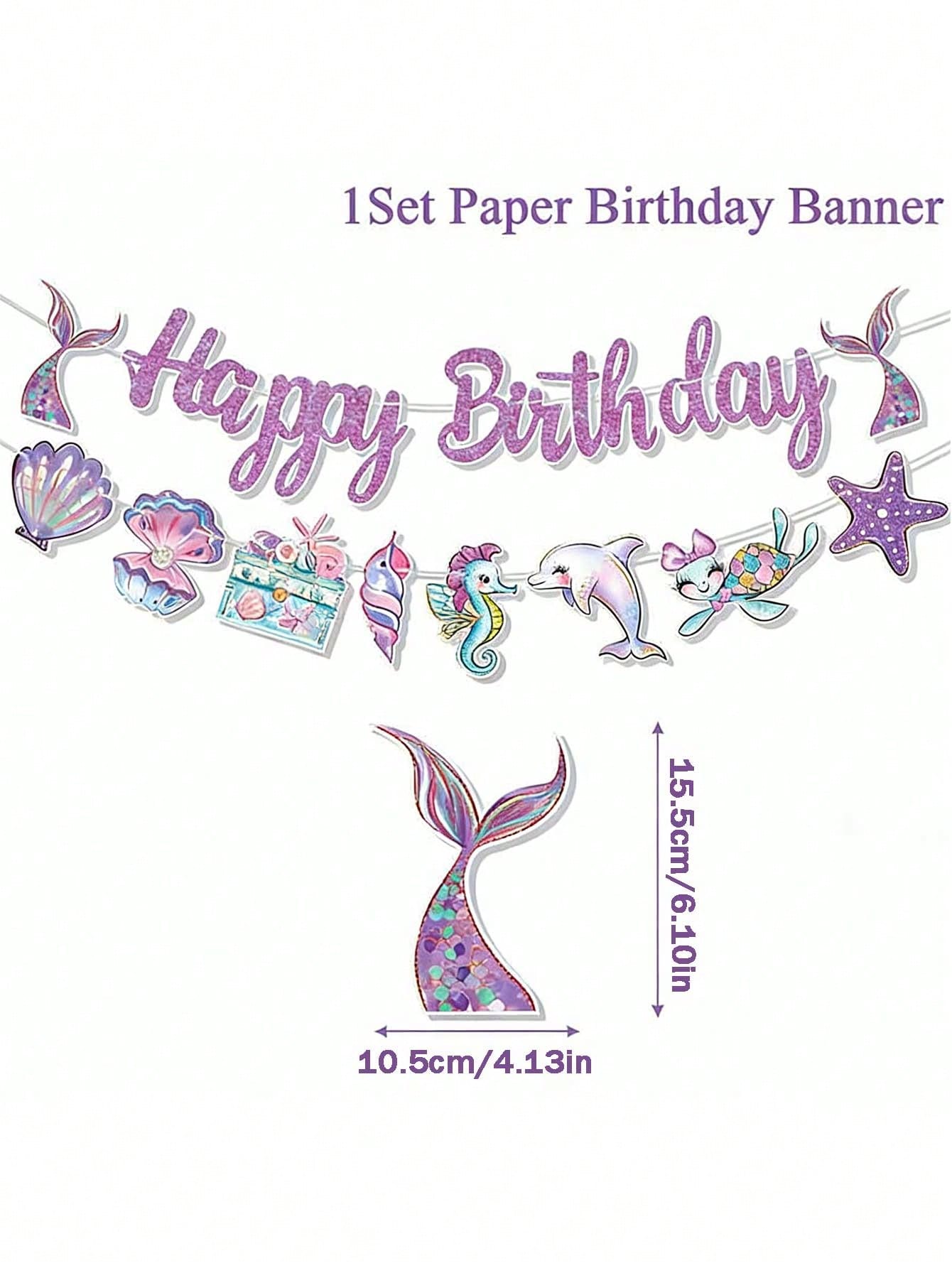 Mermaid Theme Birthday Party Decoration Set, Shiny Purple Happy Birthday Paper Banner With Shell, Seahorse, Tail Decor, Ocean Theme Party Supplies, Girls Room Decor, Photo Backdrop, Baby Shower Party