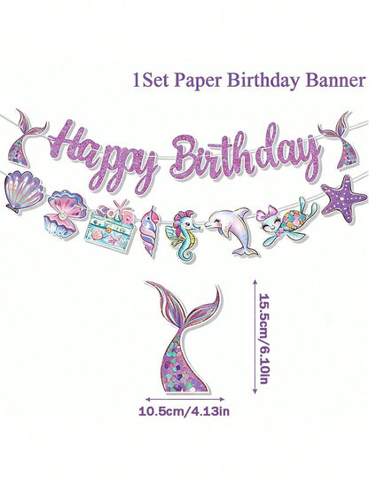 Mermaid Theme Birthday Party Decoration Set, Shiny Purple Happy Birthday Paper Banner With Shell, Seahorse, Tail Decor, Ocean Theme Party Supplies, Girls Room Decor, Photo Backdrop, Baby Shower Party